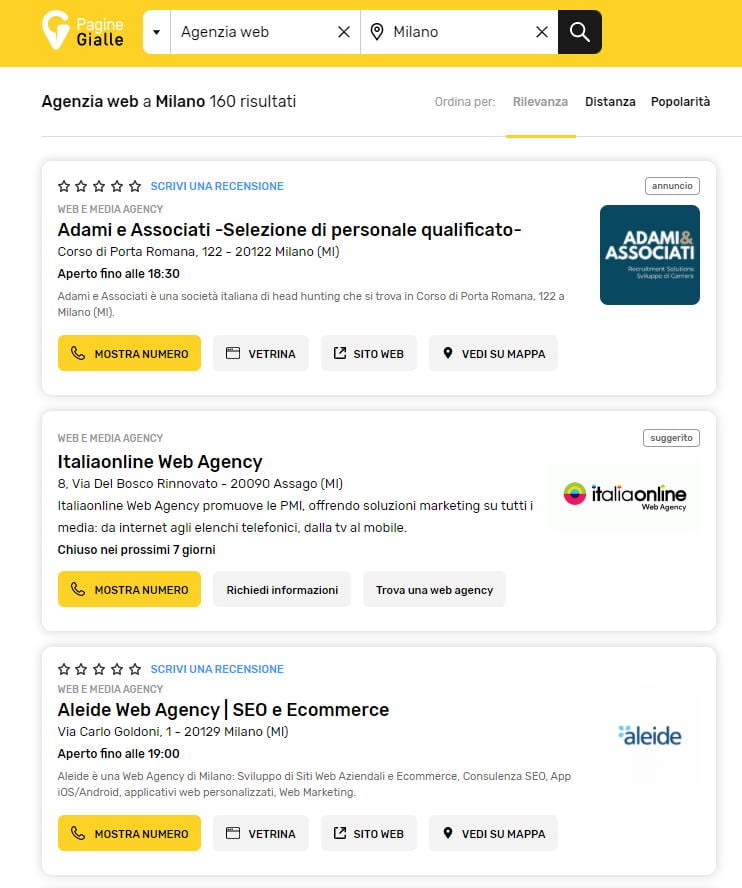 Agenzia Web, nelle Pagine Gialle